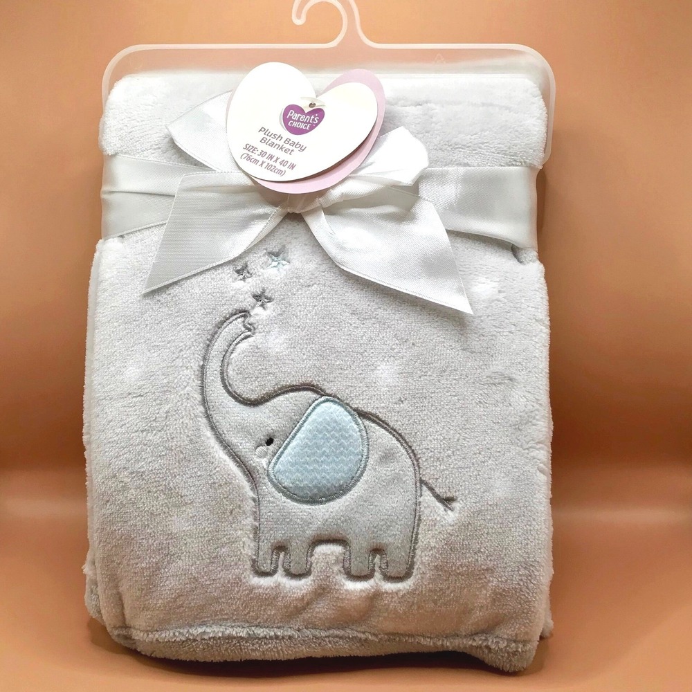 Parents Choice Plush Baby Blanket Grey Elephant Stars 30x40 Soft Fleece New